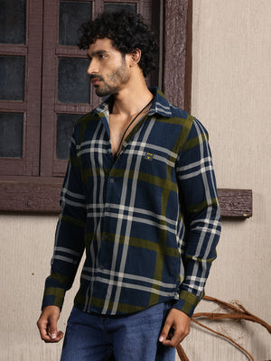 Thomas Scott Men Navy Premium Slim Fit Long Sleeves Spread Collar Tartan Checks Cotton Corduroy Casual Shirt