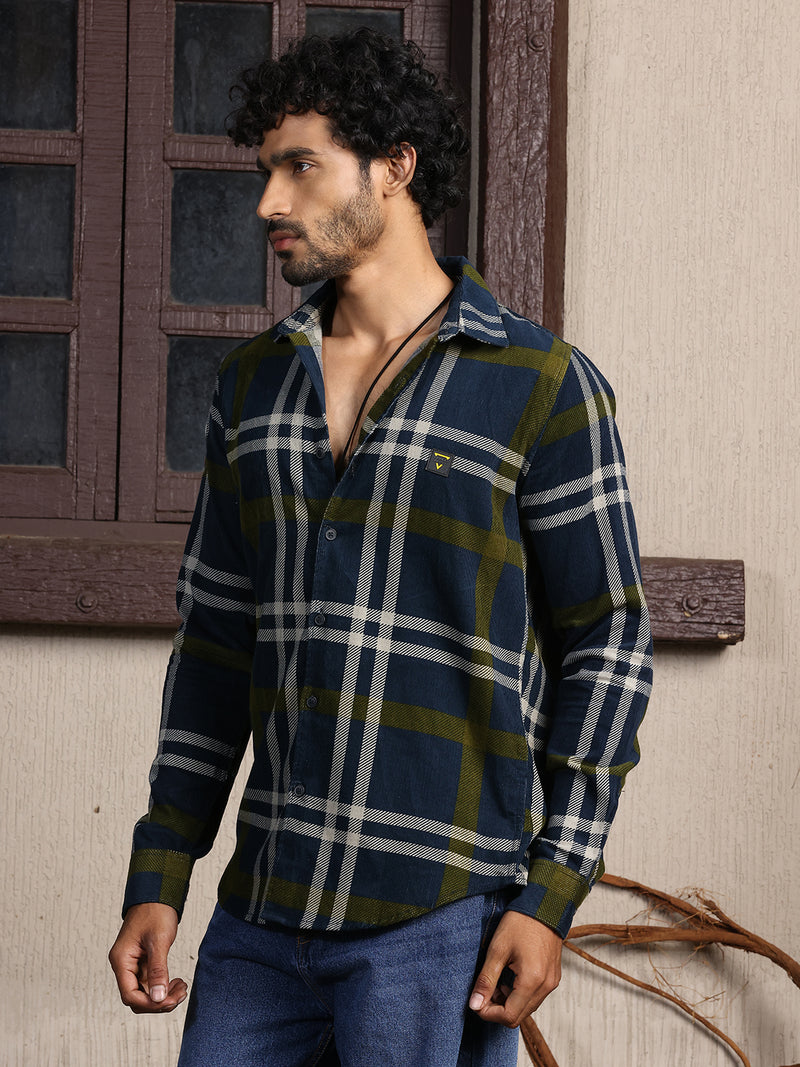 Thomas Scott Men Navy Premium Slim Fit Long Sleeves Spread Collar Tartan Checks Cotton Corduroy Casual Shirt