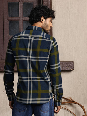 Thomas Scott Men Navy Premium Slim Fit Long Sleeves Spread Collar Tartan Checks Cotton Corduroy Casual Shirt