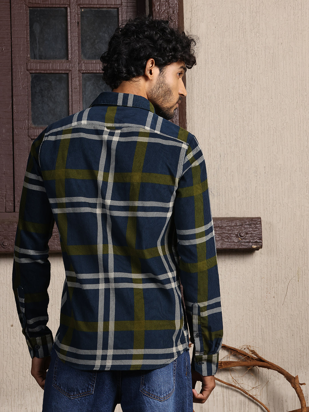 Thomas Scott Men Navy Premium Slim Fit Long Sleeves Spread Collar Tartan Checks Cotton Corduroy Casual Shirt