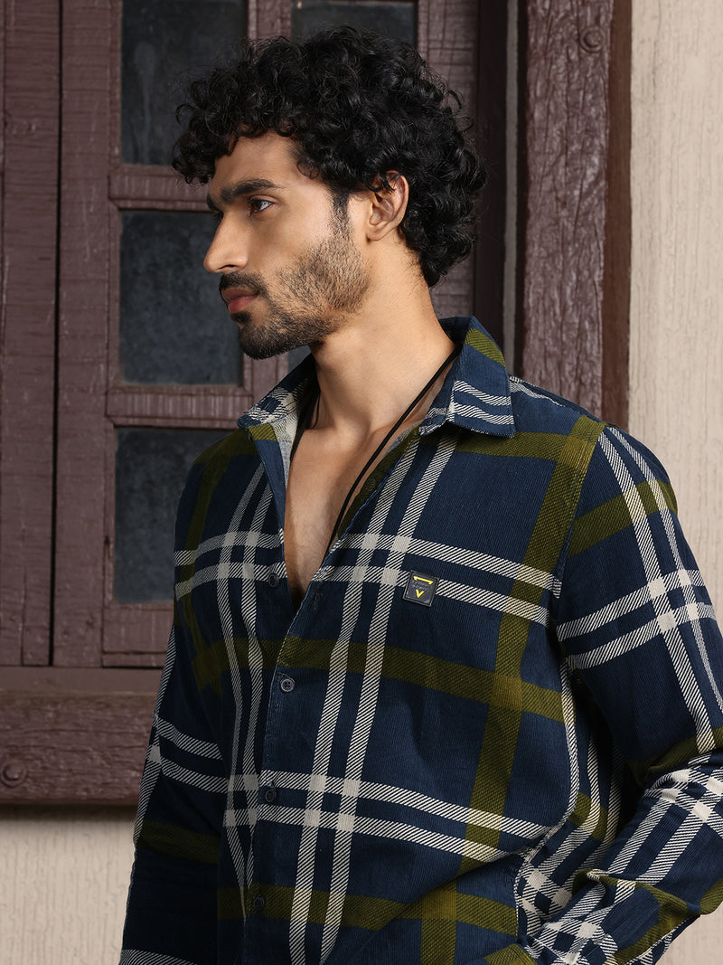 Thomas Scott Men Navy Premium Slim Fit Long Sleeves Spread Collar Tartan Checks Cotton Corduroy Casual Shirt