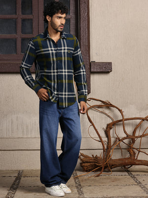 Thomas Scott Men Navy Premium Slim Fit Long Sleeves Spread Collar Tartan Checks Cotton Corduroy Casual Shirt