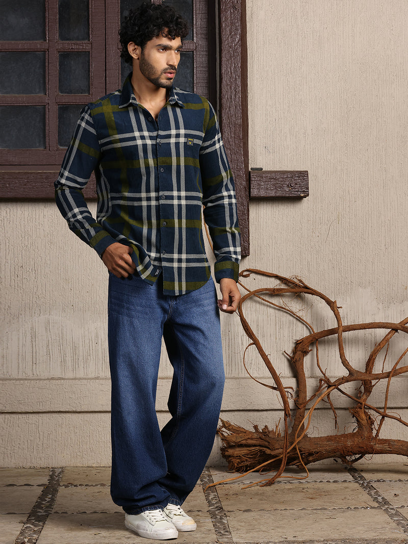 Thomas Scott Men Navy Premium Slim Fit Long Sleeves Spread Collar Tartan Checks Cotton Corduroy Casual Shirt