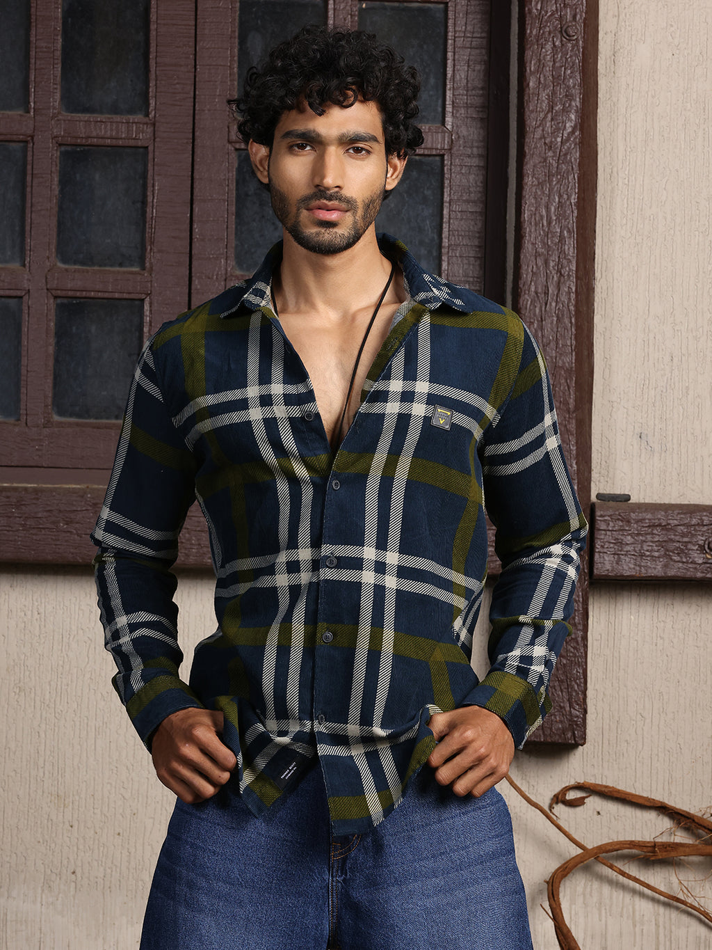 Thomas Scott Men Navy Premium Slim Fit Long Sleeves Spread Collar Tartan Checks Cotton Corduroy Casual Shirt