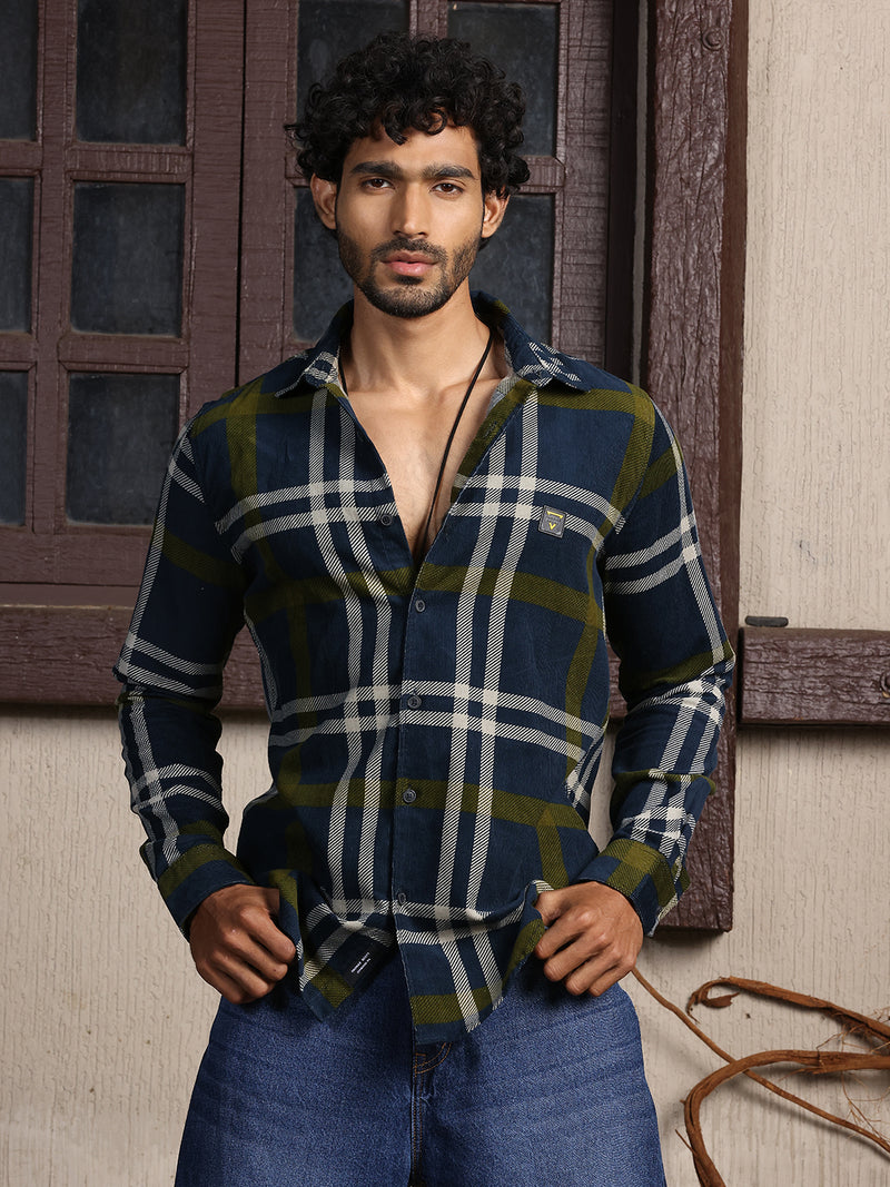 Thomas Scott Men Navy Premium Slim Fit Long Sleeves Spread Collar Tartan Checks Cotton Corduroy Casual Shirt