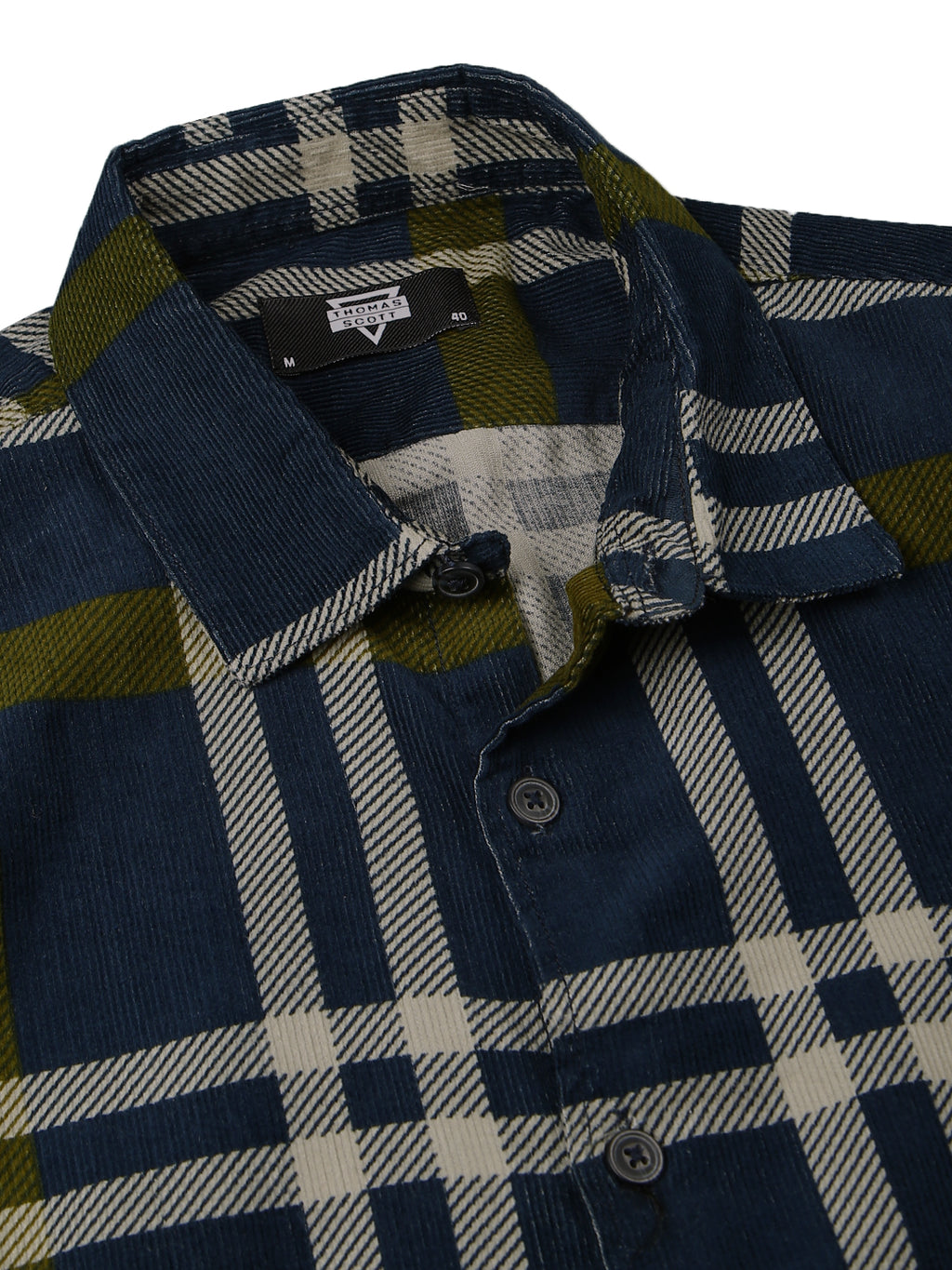 Thomas Scott Men Navy Premium Slim Fit Long Sleeves Spread Collar Tartan Checks Cotton Corduroy Casual Shirt