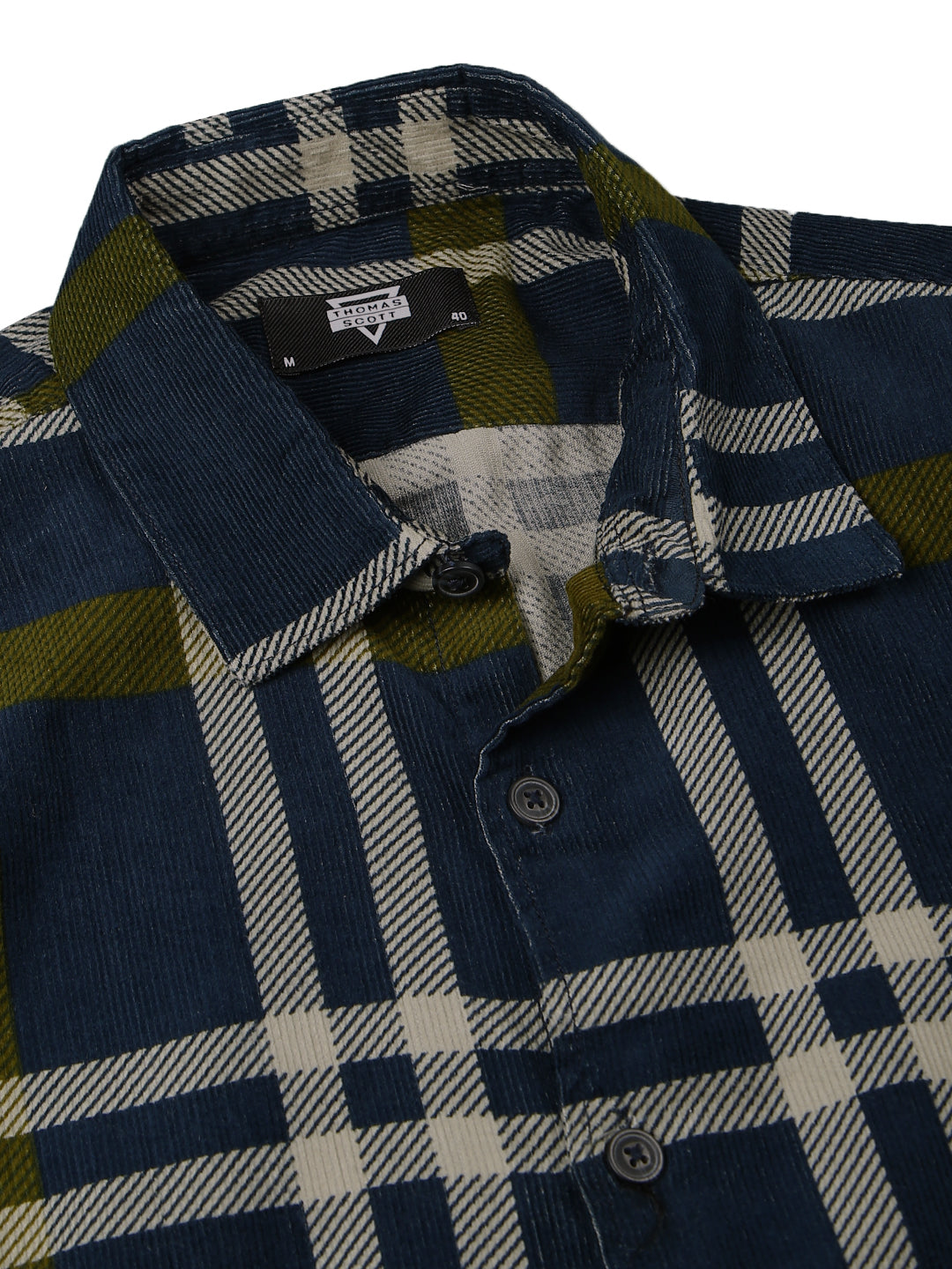 Thomas Scott Men Navy Premium Slim Fit Long Sleeves Spread Collar Tartan Checks Cotton Corduroy Casual Shirt
