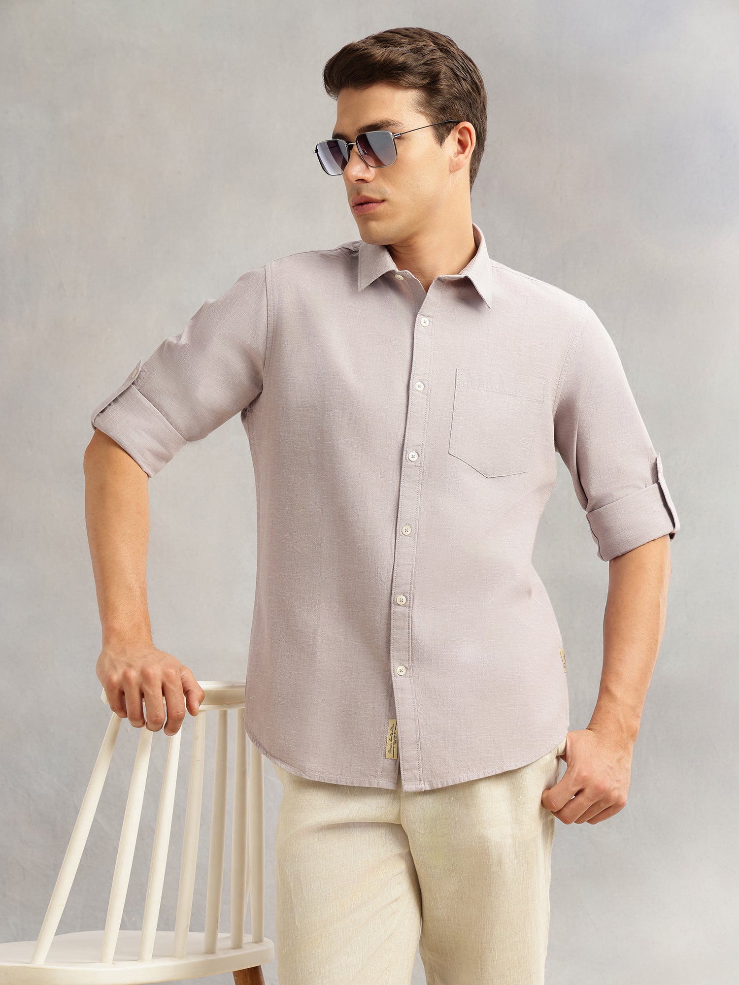 Thomas Scott Men Light Grey Premium Slim Fit Long Roll-Up Sleeves Spread Collar Solid Linen Casual Shirt