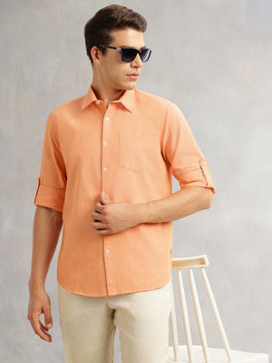 Thomas Scott Men Orange Premium Slim Fit Long Roll-Up Sleeves Spread Collar Solid Linen Casual Shirt