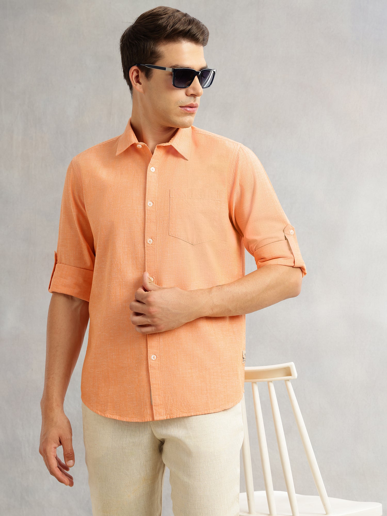 Thomas Scott Men Orange Premium Slim Fit Long Roll-Up Sleeves Spread Collar Solid Linen Casual Shirt