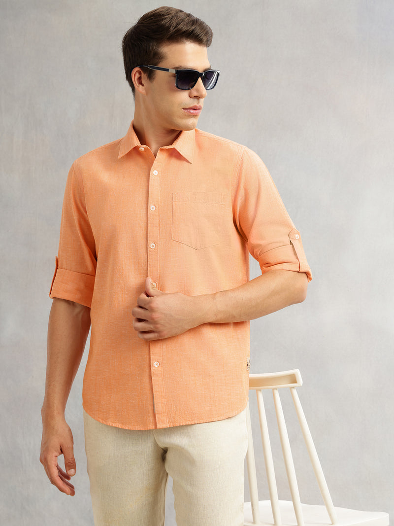 Thomas Scott Men Orange Premium Slim Fit Long Roll-Up Sleeves Spread Collar Solid Linen Casual Shirt