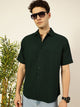 Thomas Scott Men Bottle Green Premium Short Sleeves Regular Fit Spread Collar Textured Seersucker Shirt