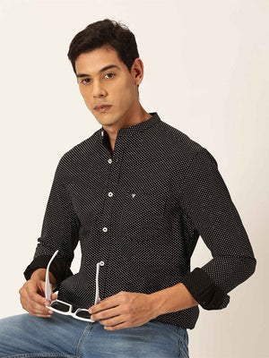 Thomas Scott Men Black Premium Slim Fit Long Sleeves Band Collar Micro Dots Printed Cotton Casual Shirt