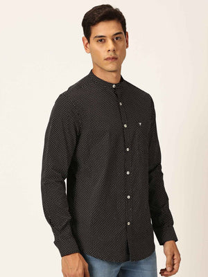 Thomas Scott Men Black Premium Slim Fit Long Sleeves Band Collar Micro Dots Printed Cotton Casual Shirt