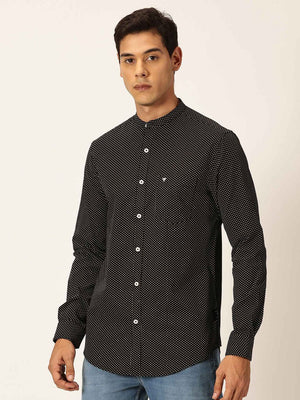 Thomas Scott Men Black Premium Slim Fit Long Sleeves Band Collar Micro Dots Printed Cotton Casual Shirt