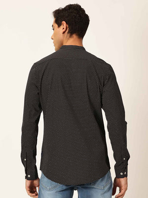 Thomas Scott Men Black Premium Slim Fit Long Sleeves Band Collar Micro Dots Printed Cotton Casual Shirt