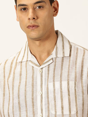 Brown Premium Vertical Stripes Cotton & Linen Casual Shirt For Men