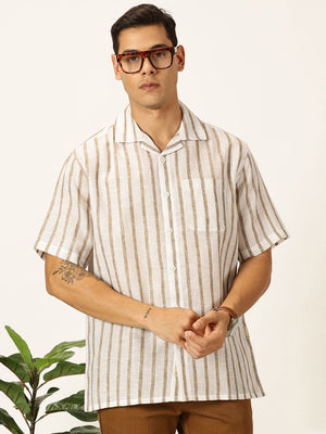 Brown Premium Vertical Stripes Cotton & Linen Casual Shirt For Men