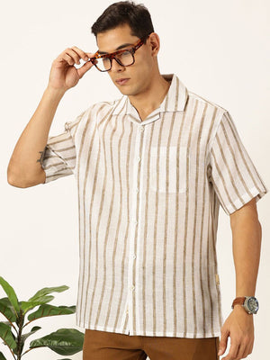 Brown Premium Vertical Stripes Cotton & Linen Casual Shirt For Men