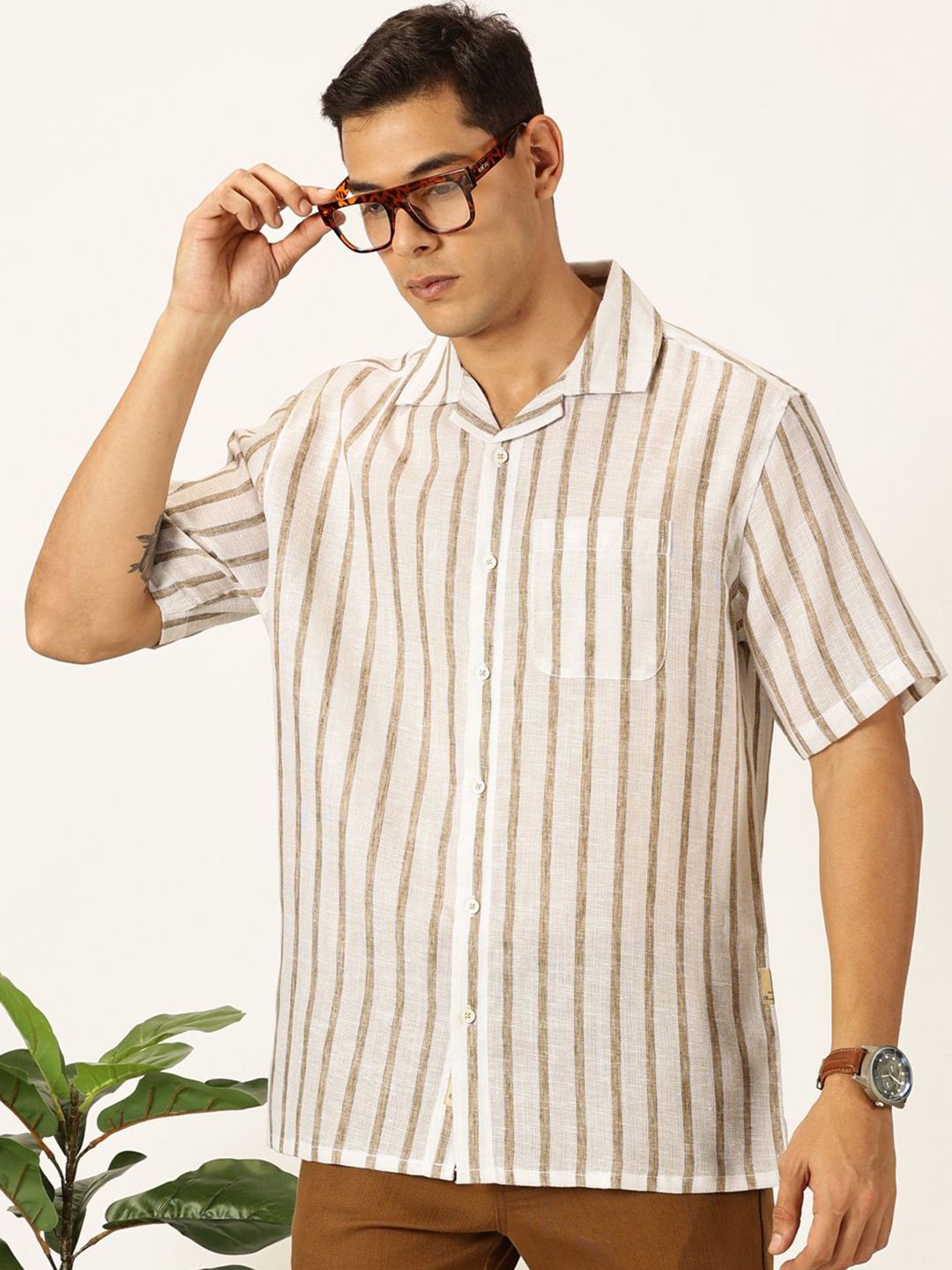 Brown Premium Vertical Stripes Cotton & Linen Casual Shirt For Men