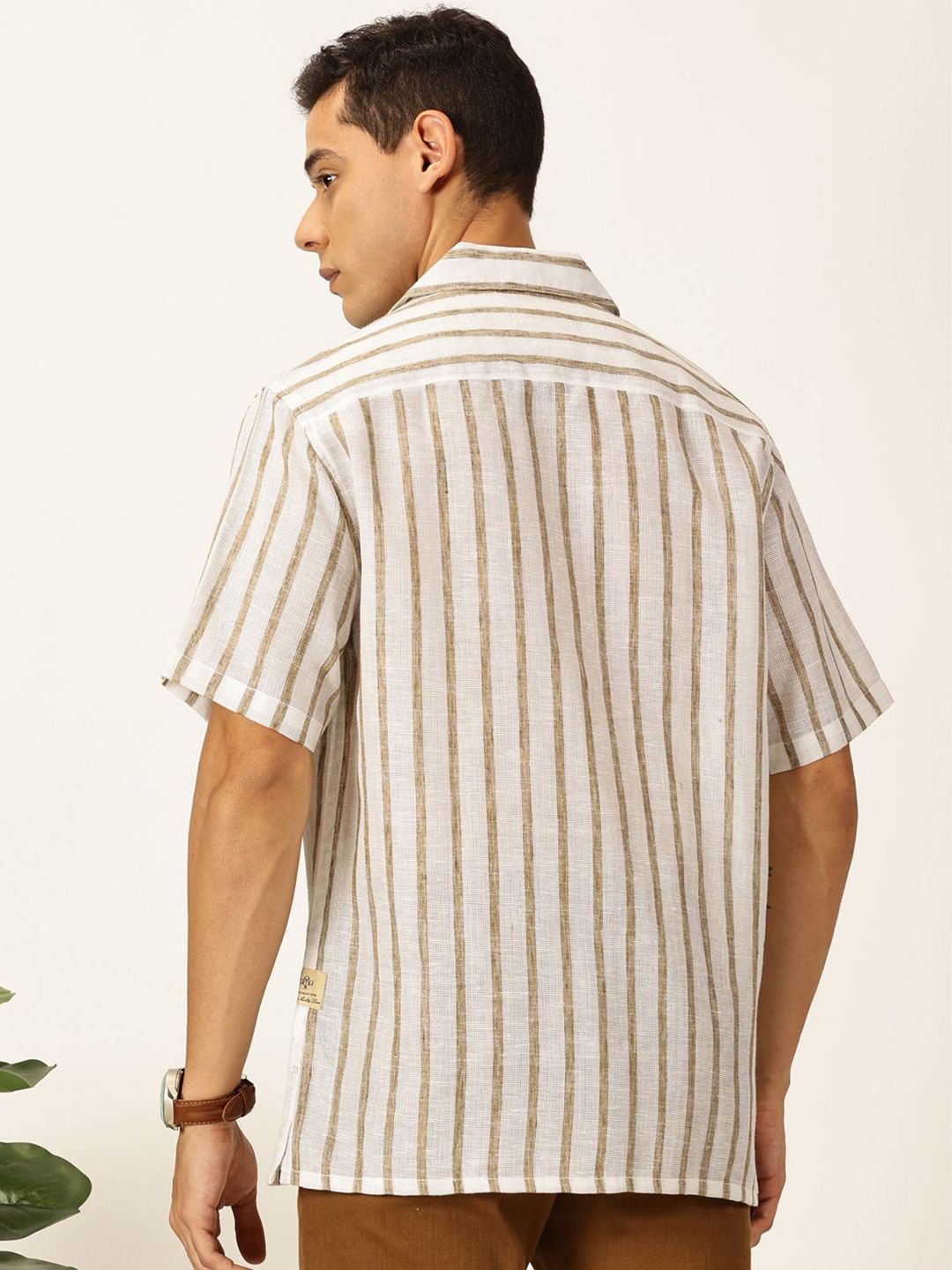 Brown Premium Vertical Stripes Cotton & Linen Casual Shirt For Men