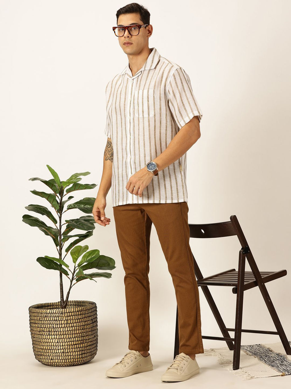 Brown Premium Vertical Stripes Cotton & Linen Casual Shirt For Men