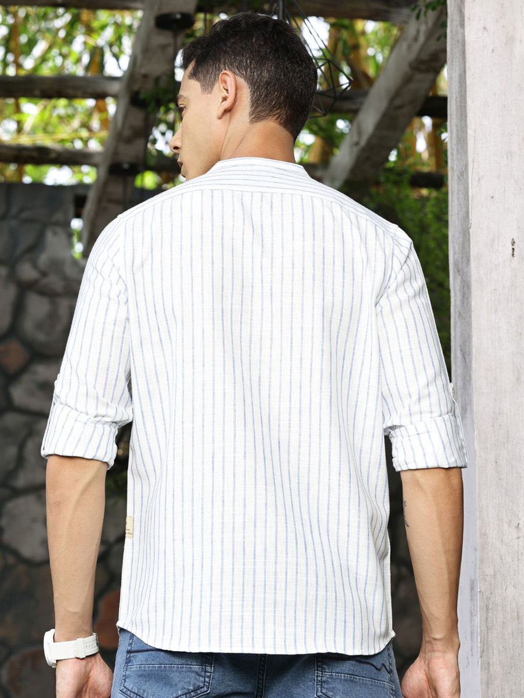 Blue Premium Slim Fit Striped Roll-Up Sleeves Linen Cotton Casual Shirt For Men