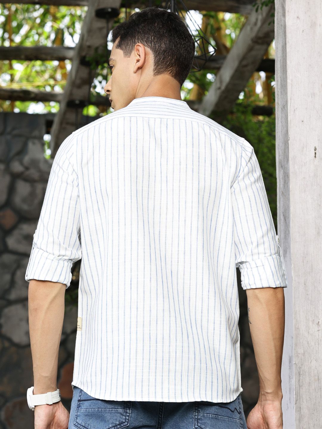 Blue Premium Slim Fit Striped Roll-Up Sleeves Linen Cotton Casual Shirt For Men