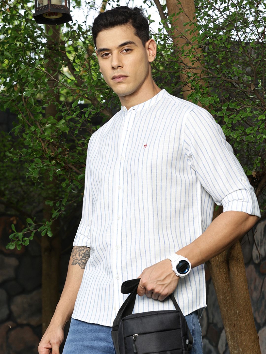 Blue Premium Slim Fit Striped Roll-Up Sleeves Linen Cotton Casual Shirt For Men