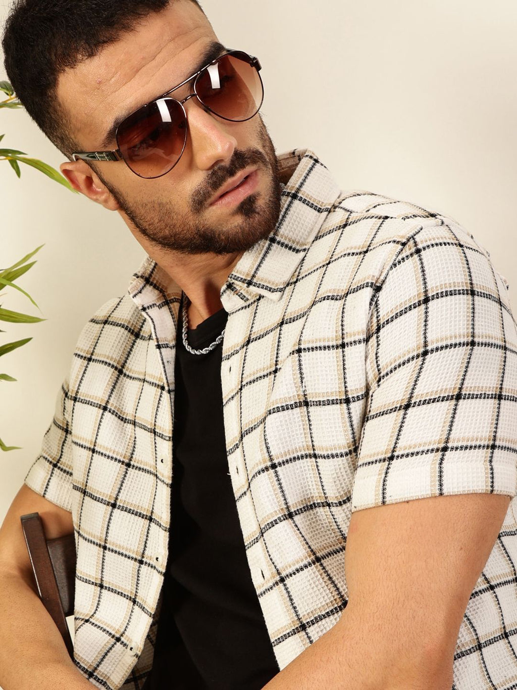 White Premium Slim Fit Windowpane Checked Casual Shirt For Men