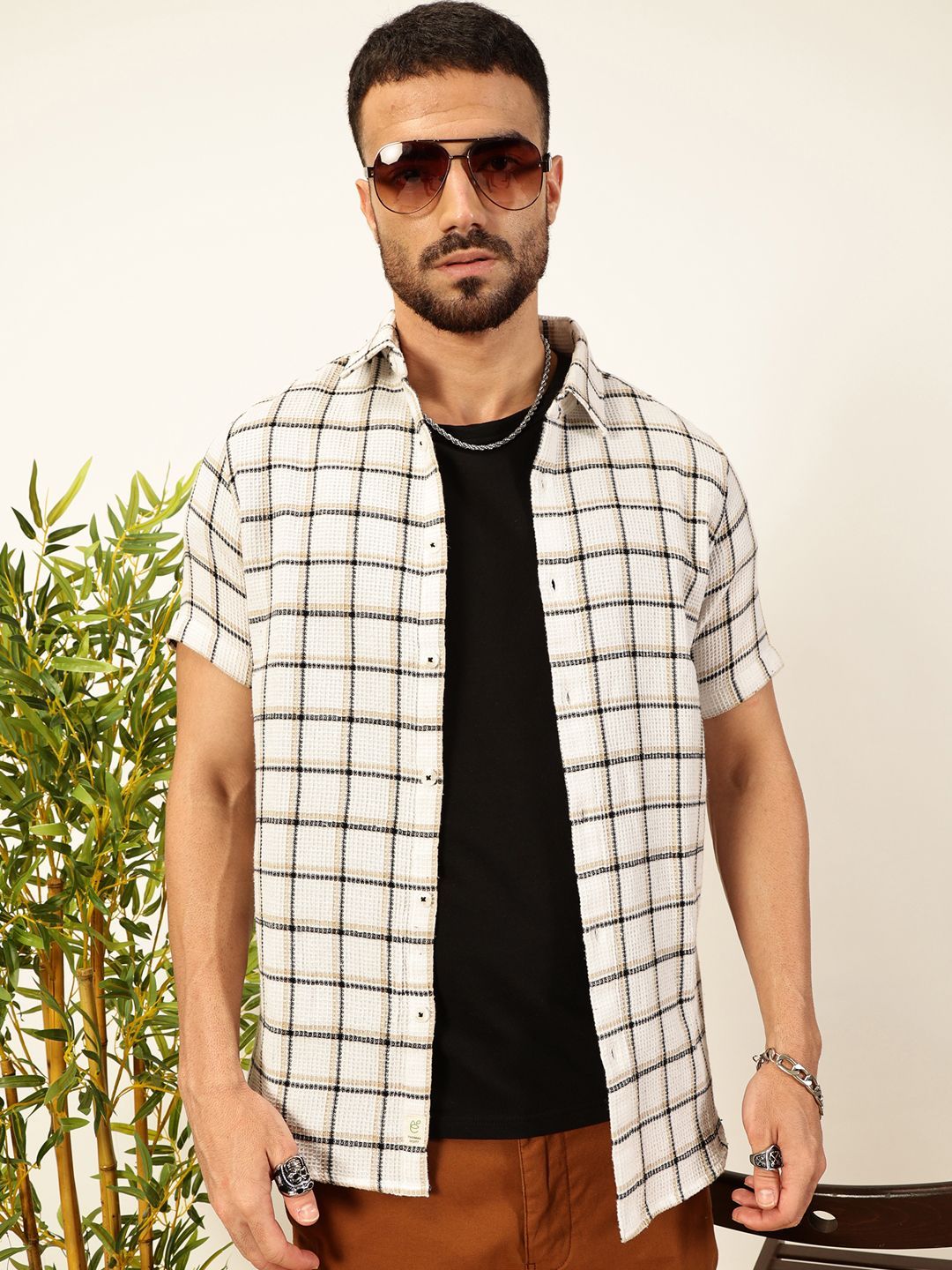 White Premium Slim Fit Windowpane Checked Casual Shirt For Men