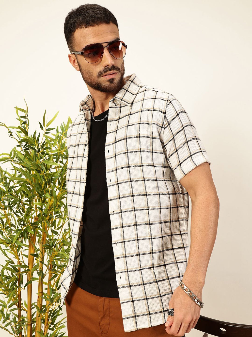 White Premium Slim Fit Windowpane Checked Casual Shirt For Men