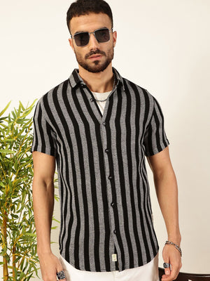 Black Premium Slim Fit Vertical Striped Casual Shirt For Men