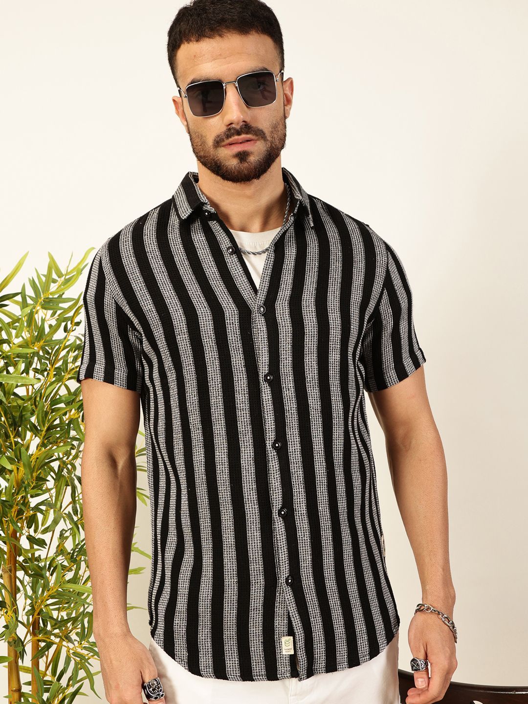Black Premium Slim Fit Vertical Striped Casual Shirt For Men