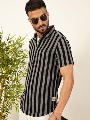 Black Premium Slim Fit Vertical Striped Casual Shirt For Men