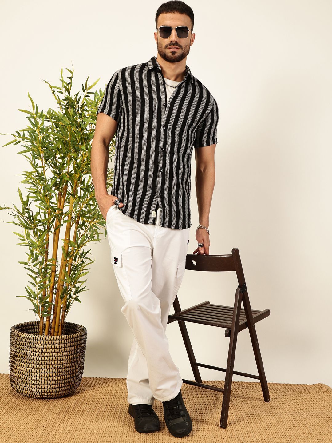 Black Premium Slim Fit Vertical Striped Casual Shirt For Men