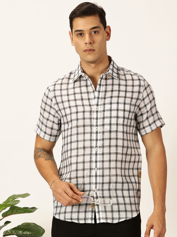 Black Premium Tartan Checks Checked Cotton & Linen Casual Shirt For Men