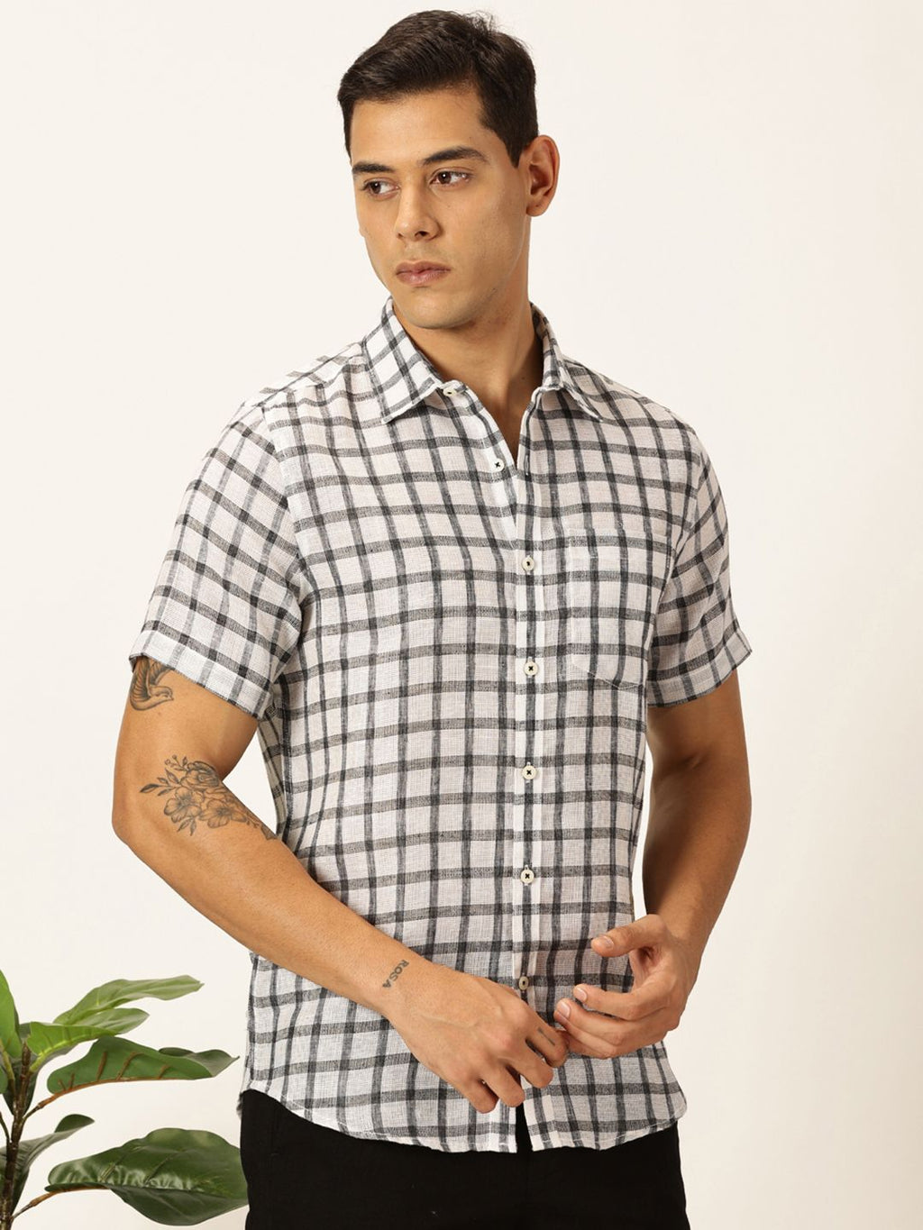 Black Premium Tartan Checks Checked Cotton & Linen Casual Shirt For Men