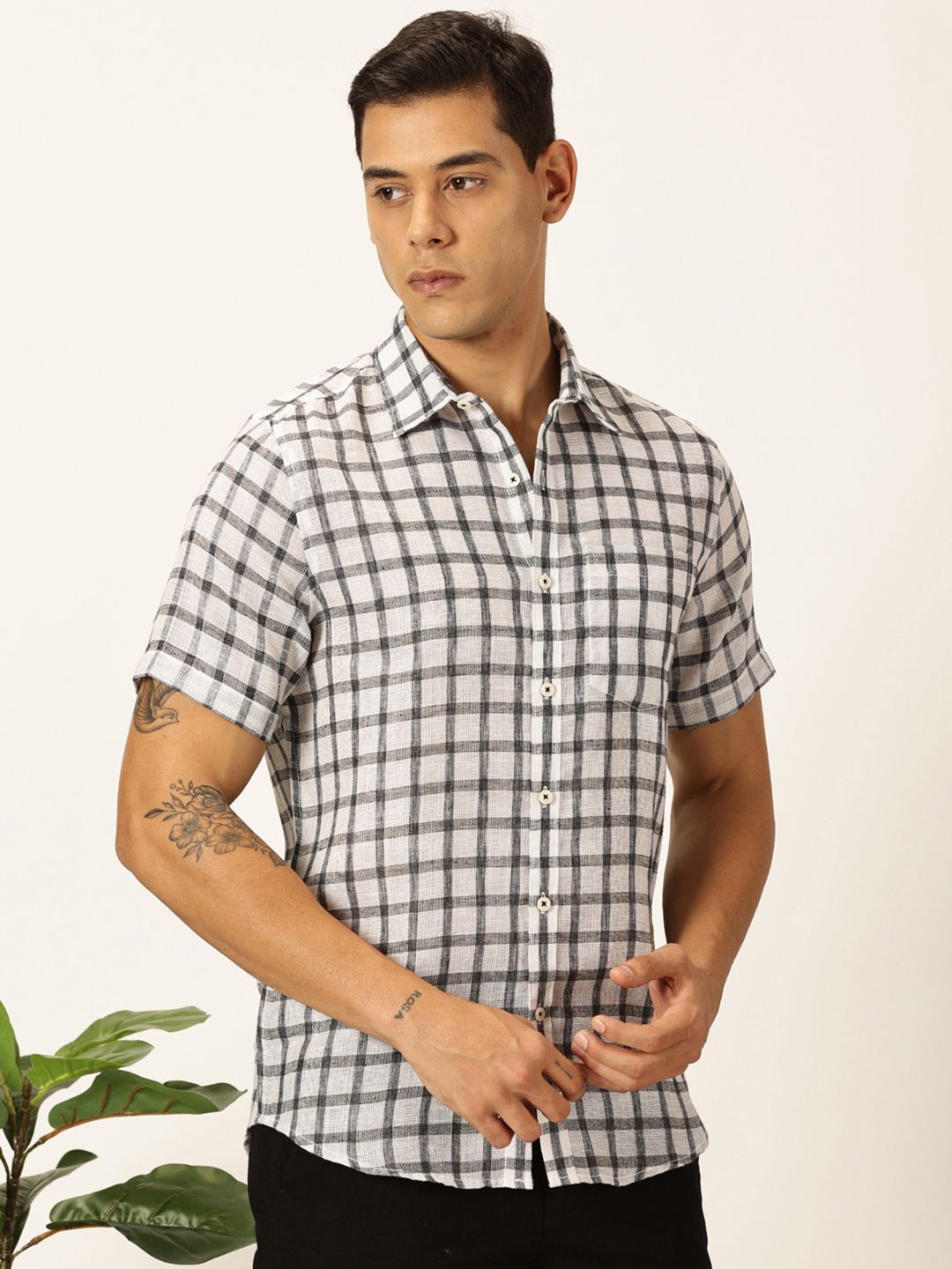 Black Premium Tartan Checks Checked Cotton & Linen Casual Shirt For Men