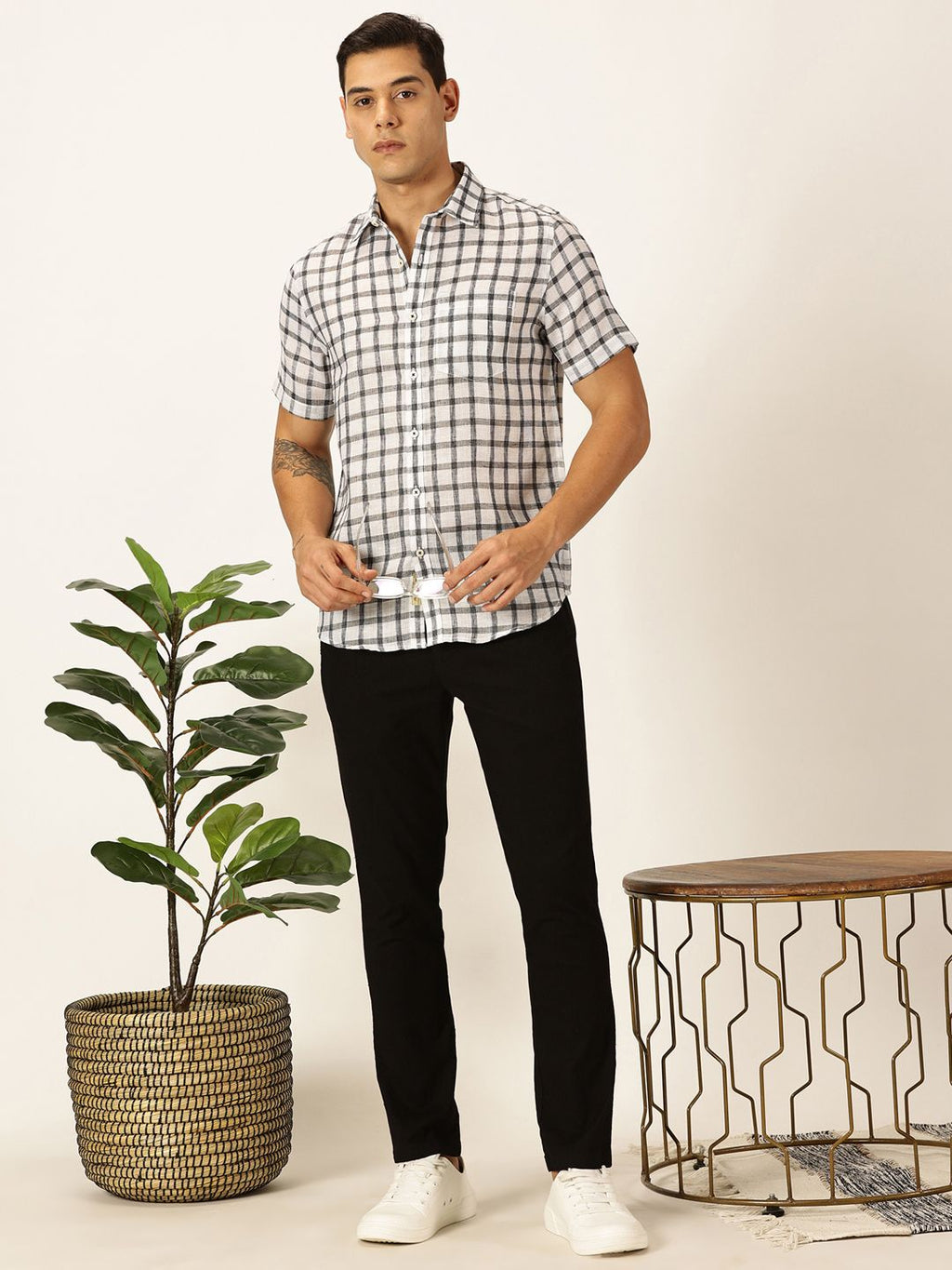 Black Premium Tartan Checks Checked Cotton & Linen Casual Shirt For Men