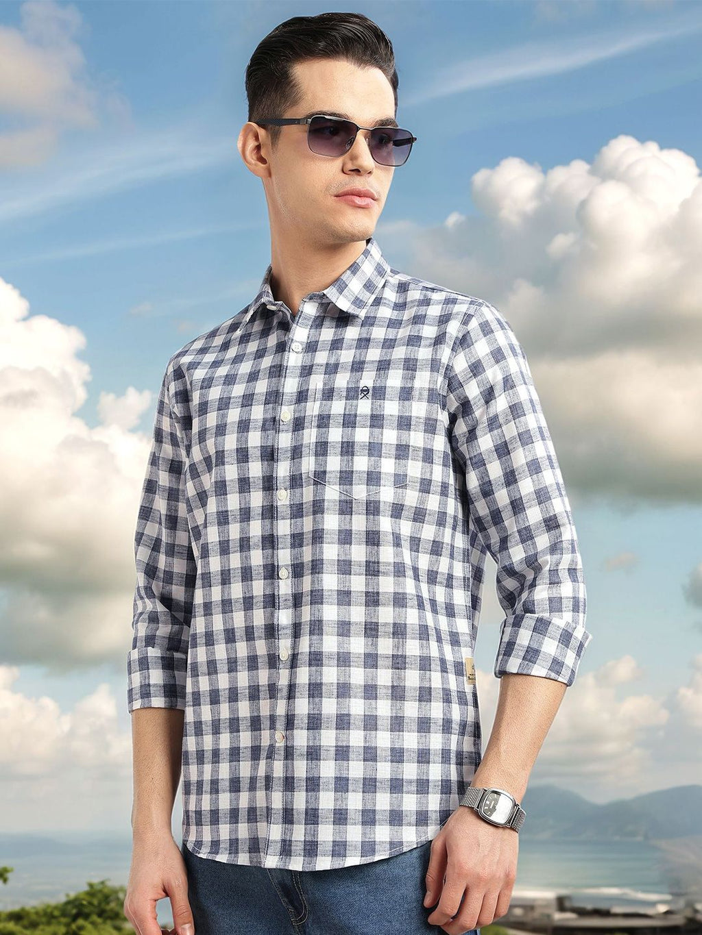 Navy Slim Fit Long Sleeves Gingham Checks Spread Collar Cotton Linen Casual Shirt For Men
