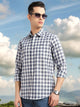 Navy Slim Fit Long Sleeves Gingham Checks Spread Collar Cotton Linen Casual Shirt For Men