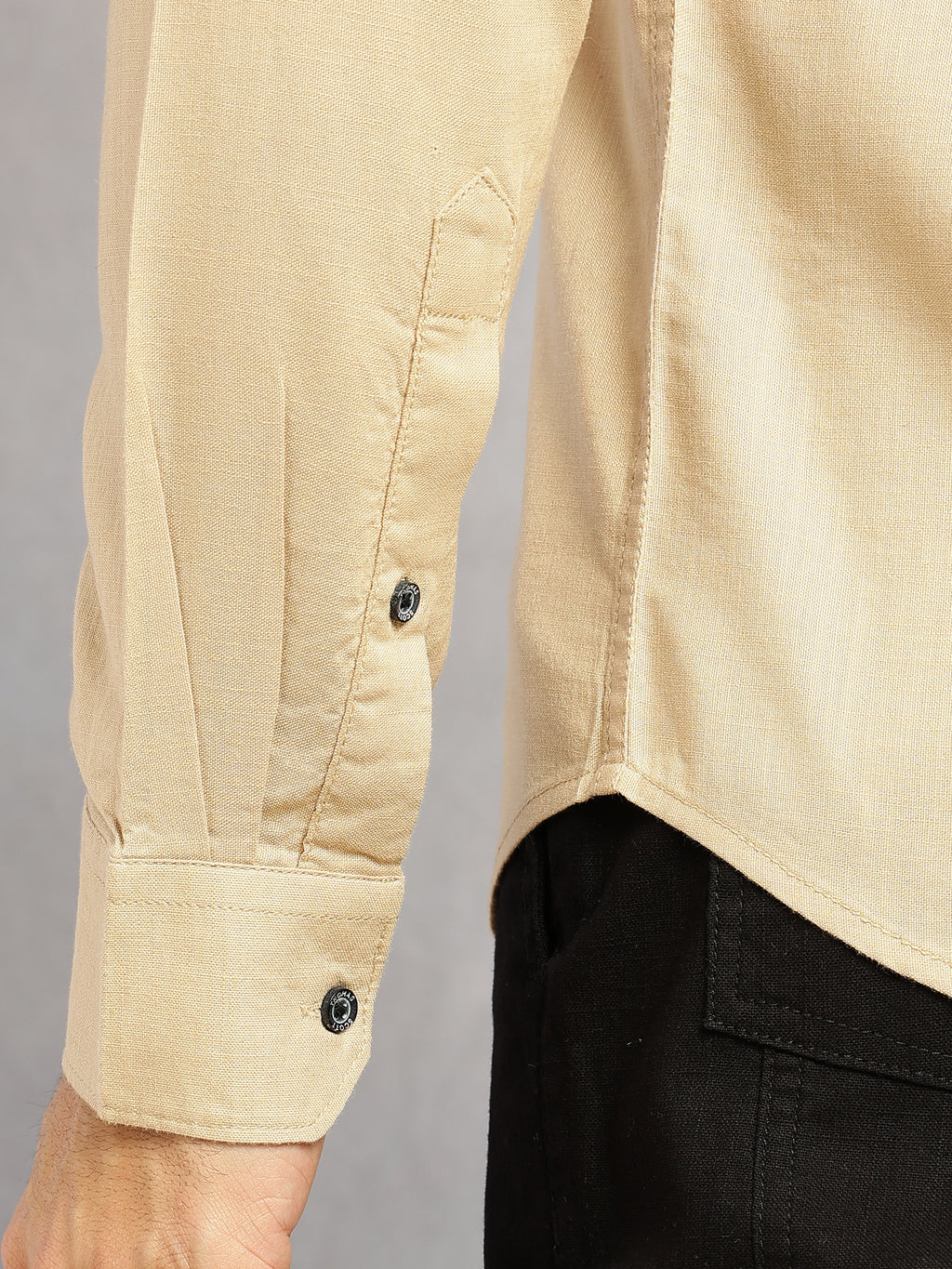 Thomas Scott Men Khaki Slim Fit Long Sleeves Solid Mandarin Collar Cotton Linen Casual Shirt