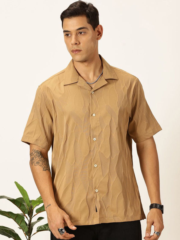 Beige Premium Slim Fit Self Design Textured Casual Shirt For Men