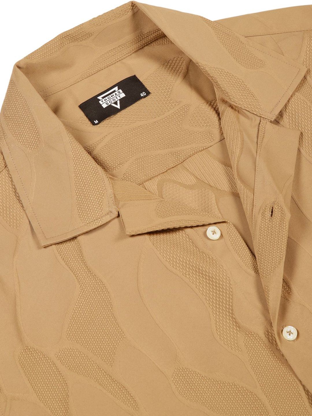 Beige Premium Slim Fit Self Design Textured Casual Shirt For Men