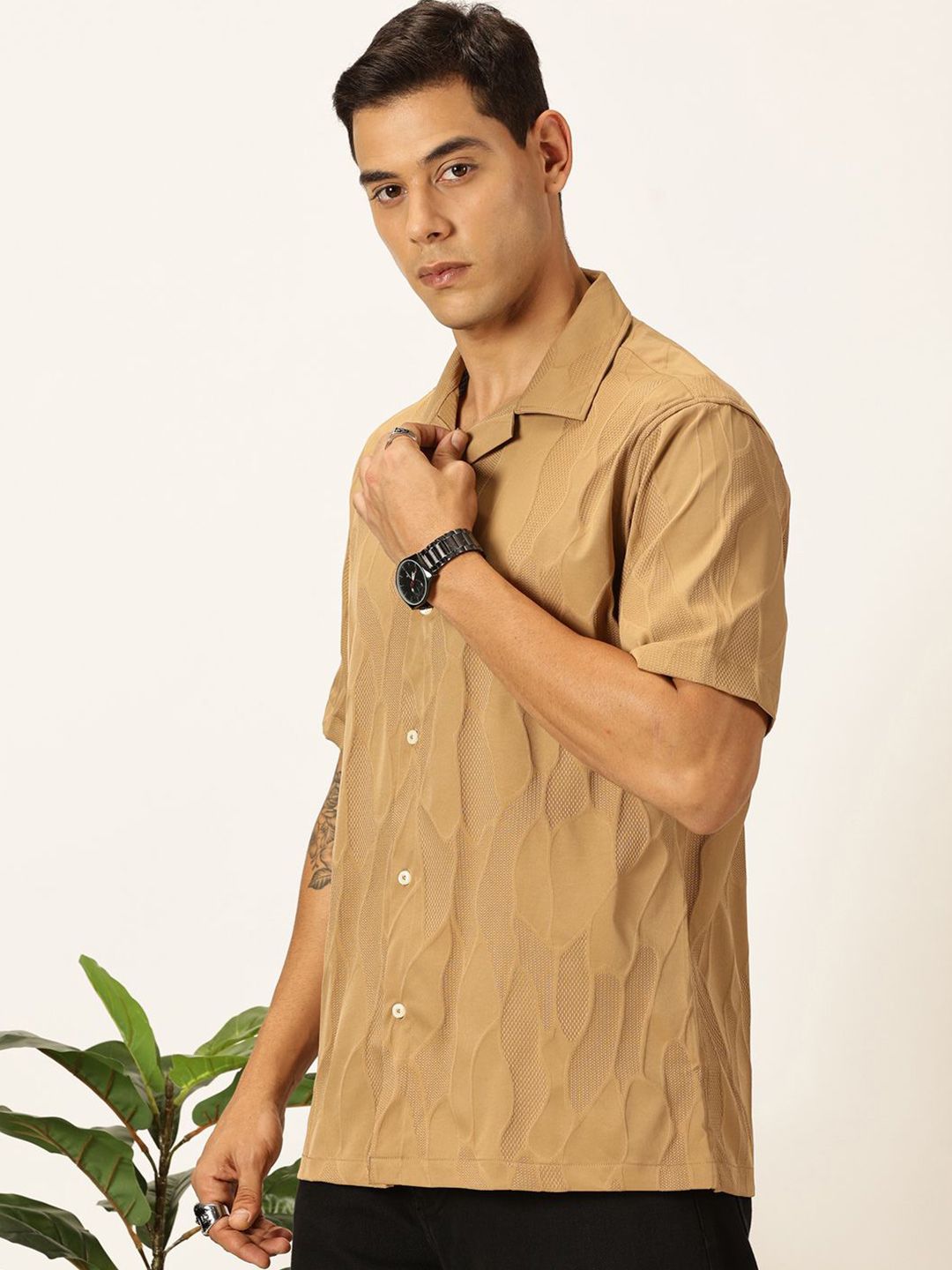 Beige Premium Slim Fit Self Design Textured Casual Shirt For Men