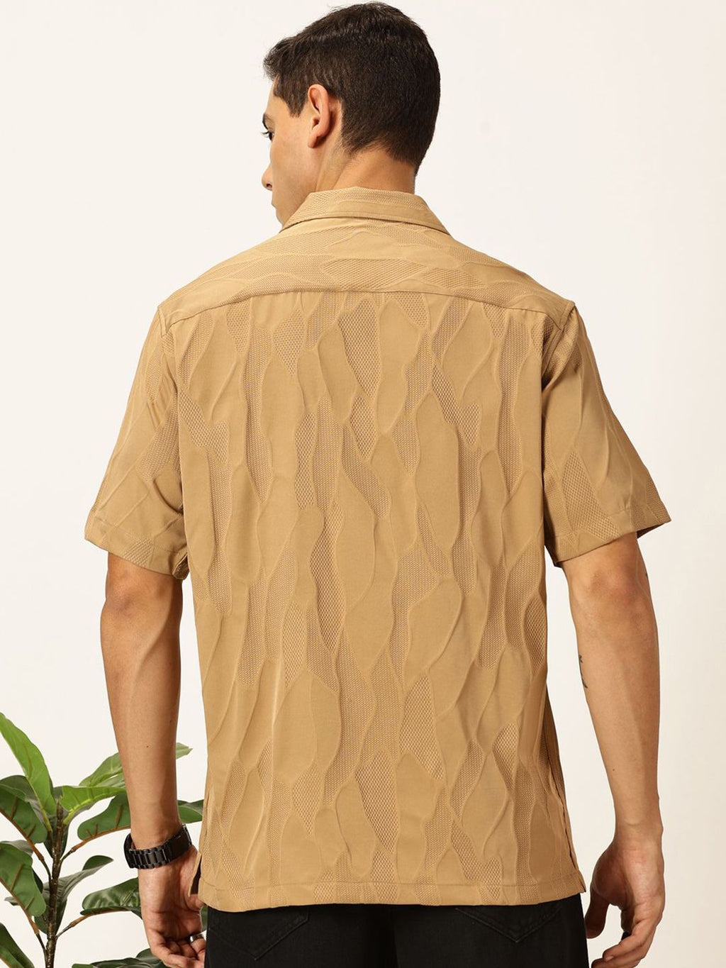 Beige Premium Slim Fit Self Design Textured Casual Shirt For Men