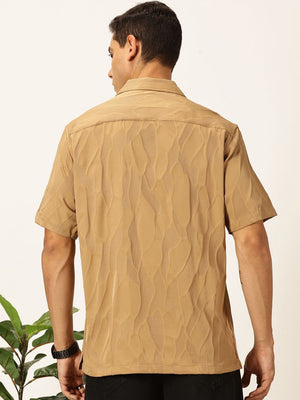 Beige Premium Slim Fit Self Design Textured Casual Shirt For Men