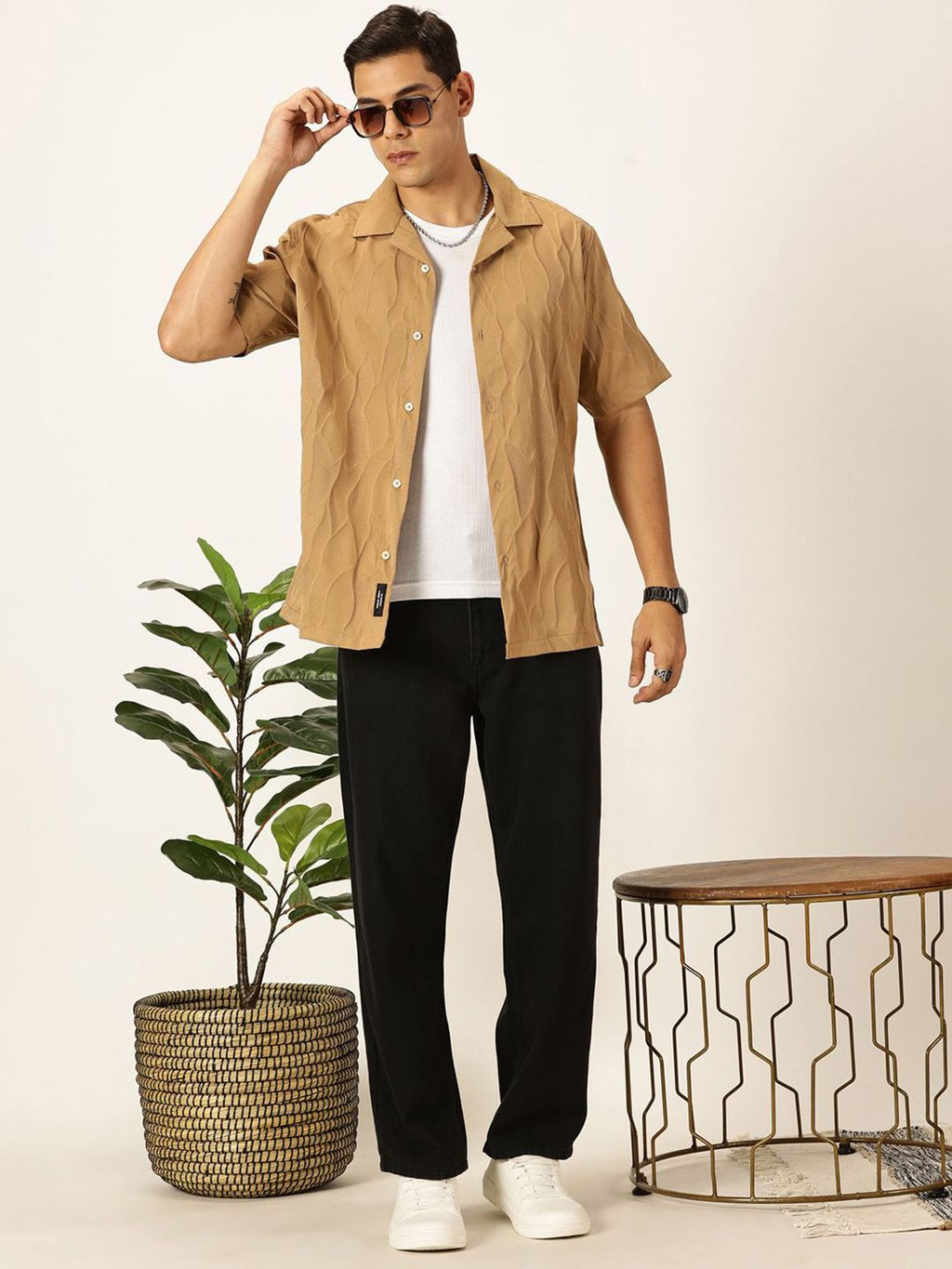 Beige Premium Slim Fit Self Design Textured Casual Shirt For Men