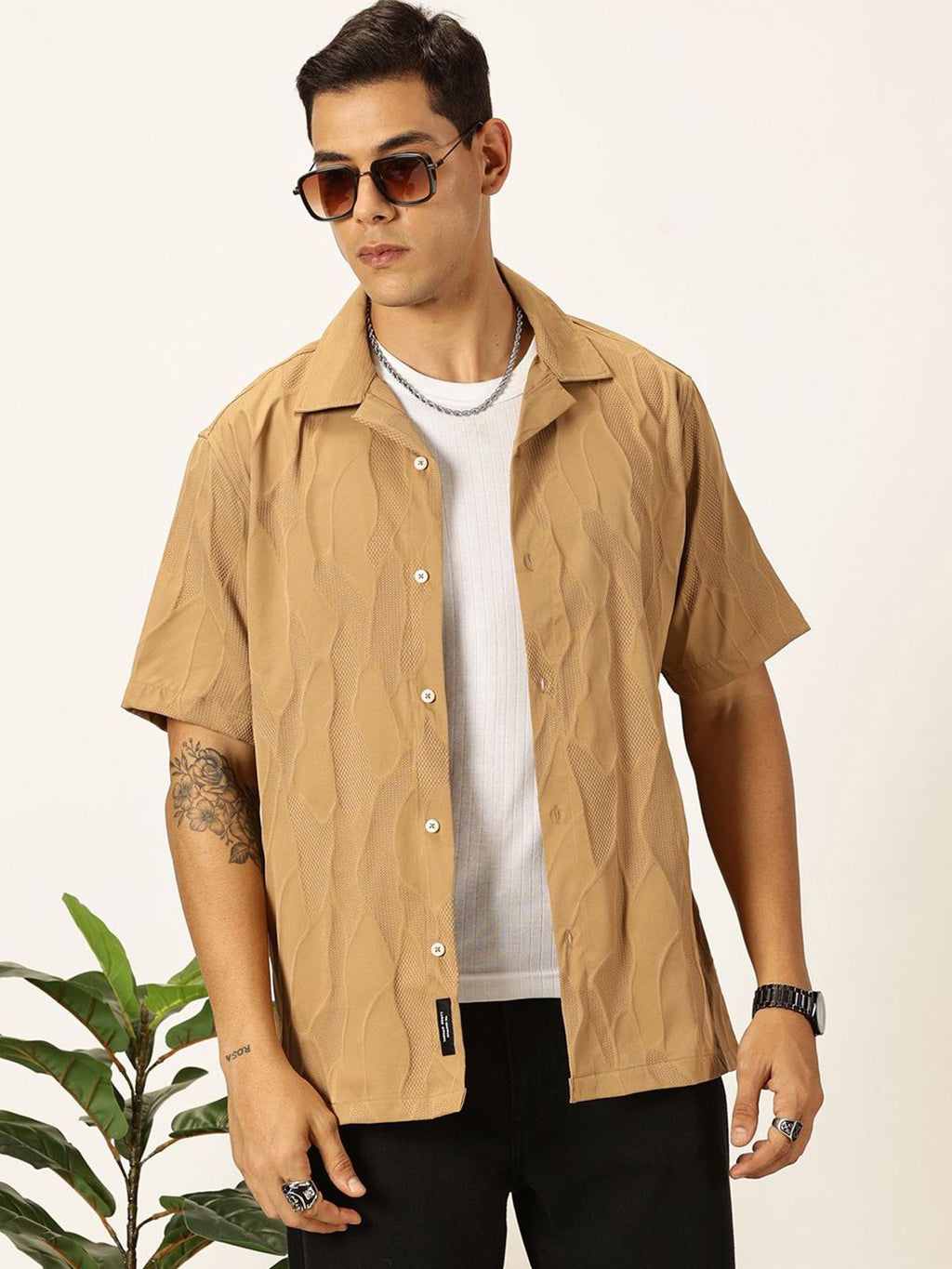 Beige Premium Slim Fit Self Design Textured Casual Shirt For Men